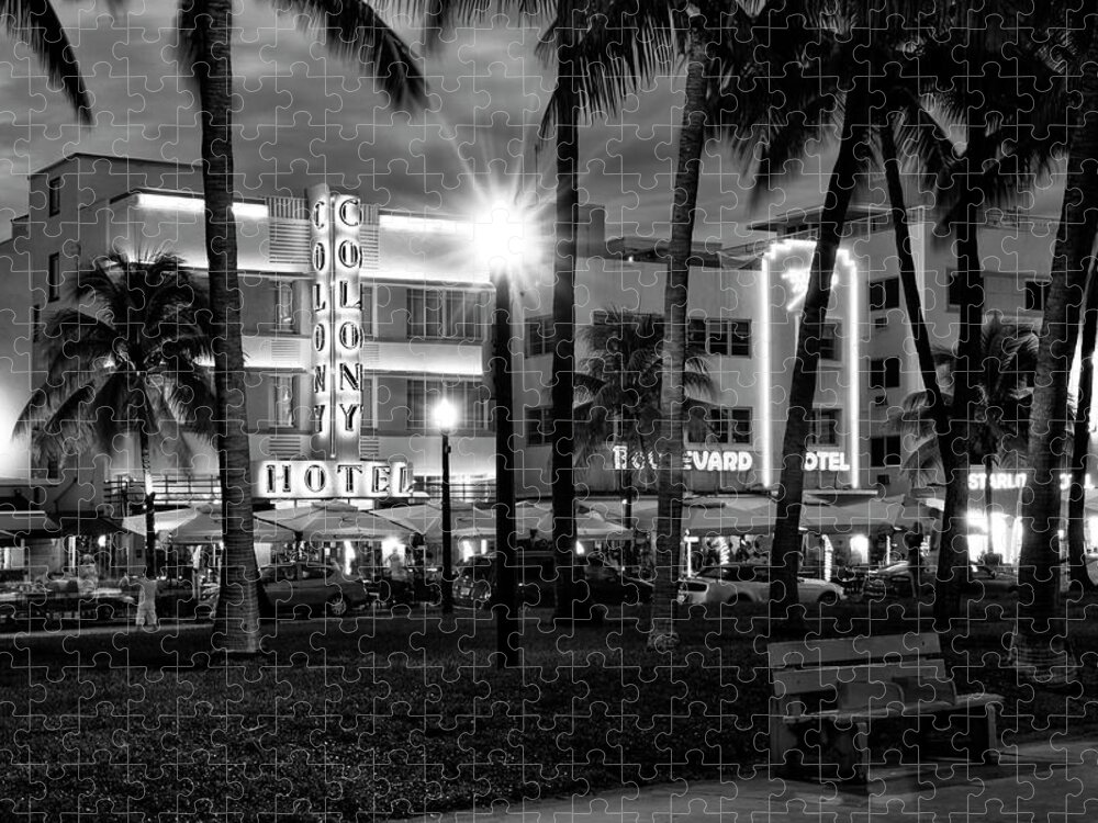 Florida Jigsaw Puzzle featuring the photograph Black Florida Series - Ocean Drive by night #1 by Philippe HUGONNARD