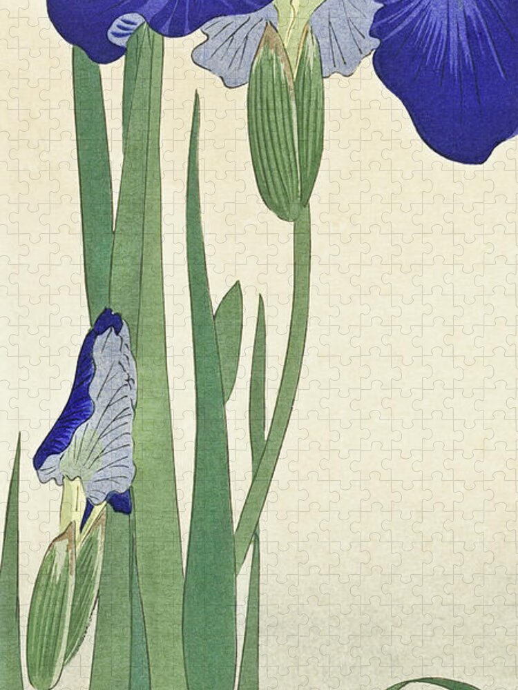 Blue Jigsaw Puzzle featuring the painting Blue Irises #2 by Ohara Koson