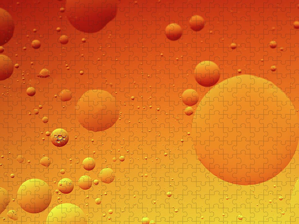 Connection Jigsaw Puzzle featuring the photograph Bright abstract, yellow background with flying bubbles by Michalakis Ppalis
