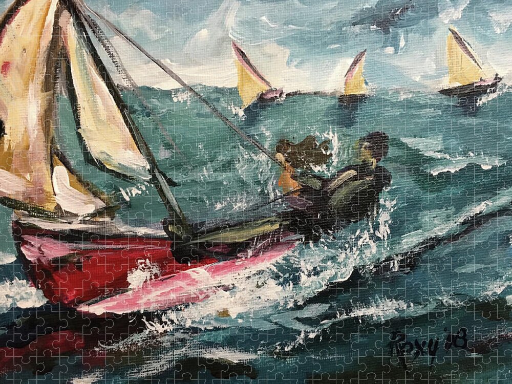 Catamaran Jigsaw Puzzle featuring the painting Cat Sailing by Roxy Rich