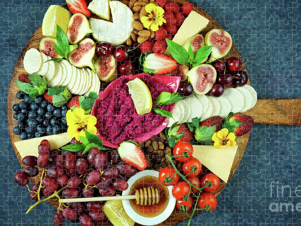 Food Jigsaw Puzzle featuring the photograph Cheese and fruit charcuterie dessert grazing platter on wooden board. #1 by Milleflore Images