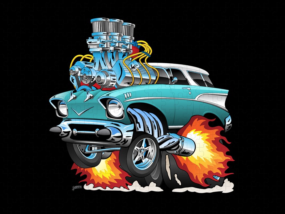 Classic Fifties Hot Rod Muscle Car Cartoon Jigsaw Puzzle by Jeff Hobrath -  Pixels