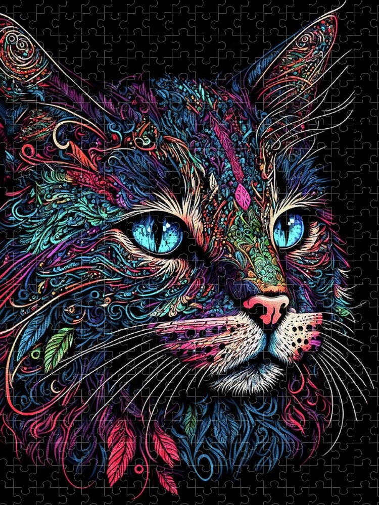 Colorful Cats Jigsaw Puzzle featuring the digital art Colorful Cat Closeup by Peggy Collins