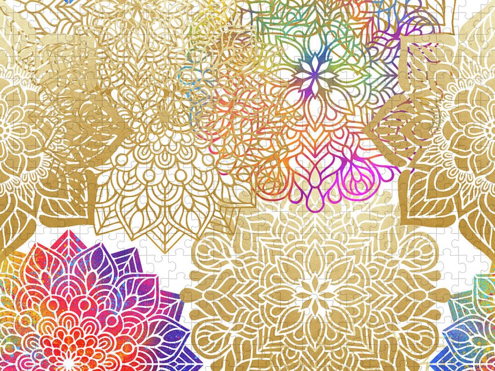 Mandala Jigsaw Puzzle featuring the digital art Colorful Gold Mandala Pattern by Sambel Pedes