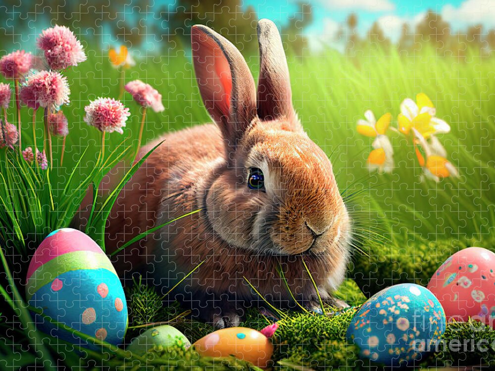 Easter Jigsaw Puzzle featuring the digital art Cute easter bunny in grass and daisy flowers nest with colorful by Jelena Jovanovic