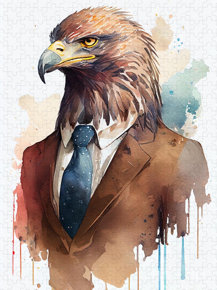 Eagle Jigsaw Puzzle featuring the painting Eagle in Suit Watercolor Hipster Animal Retro Costume #1 by Jeff Creation