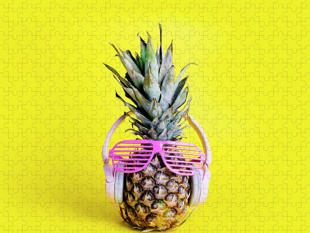 Pineapple Jigsaw Puzzle featuring the photograph Fashionable trendy pineapple fruit with headphones and sun glas #1 by Jelena Jovanovic