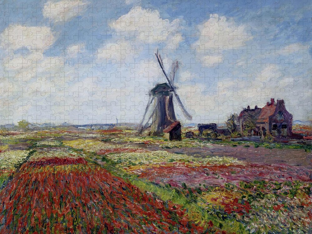 Claude Monet Jigsaw Puzzle featuring the painting Fields of Tulip With The Rijnsburg Windmill by Claude Monet by Mango Art