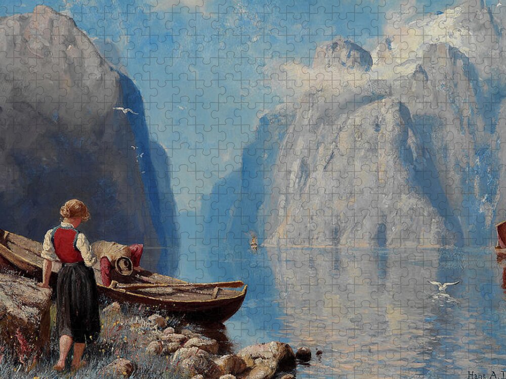 Hans Andreas Dahl Jigsaw Puzzle featuring the painting Fjord Landscape by Hans Andreas Dahl by Mango Art