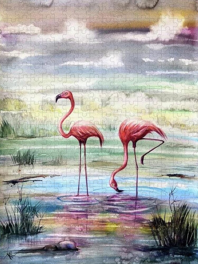 Flamingos Jigsaw Puzzle featuring the painting Flamingos Paradise #1 by Katerina Kovatcheva