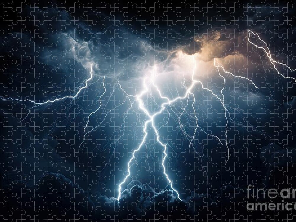 Blue Jigsaw Puzzle featuring the painting Flash of lightning on dark background. Thunderstorm #1 by N Akkash