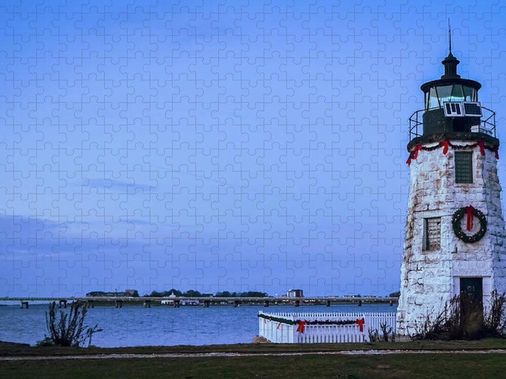 Goat Island Lighthouse Dressed For The Holidays Jigsaw Puzzle featuring the photograph Goat Island Lighthouse dressed for the Holidays by Christina McGoran