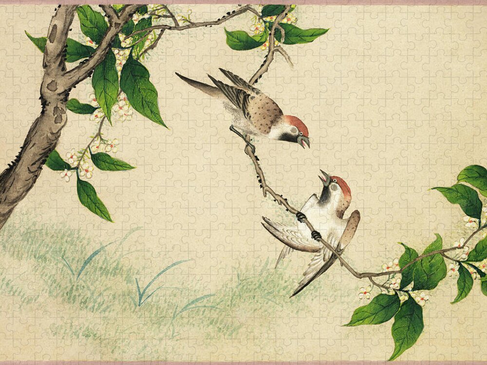 Vintage Jigsaw Puzzle featuring the painting Gossiping Sparrows #1 by Zhang Ruoai