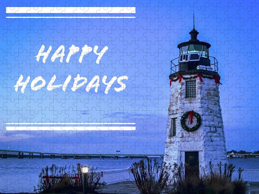 Happy Holidays From Goat Island Lighthouse Jigsaw Puzzle featuring the photograph Happy Holidays from Goat Island Lighthouse by Christina McGoran