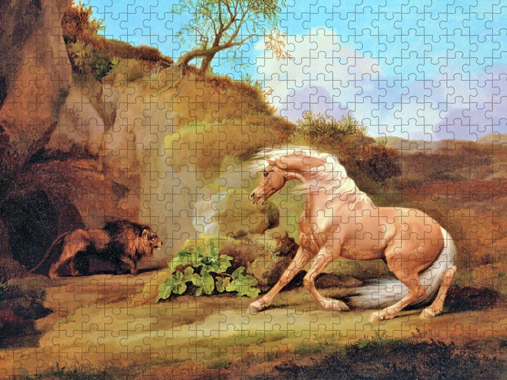Horse Frightened By A Lion Jigsaw Puzzle featuring the painting Horse Frightened by a Lion - Digital Remastered Edition #1 by George Stubbs