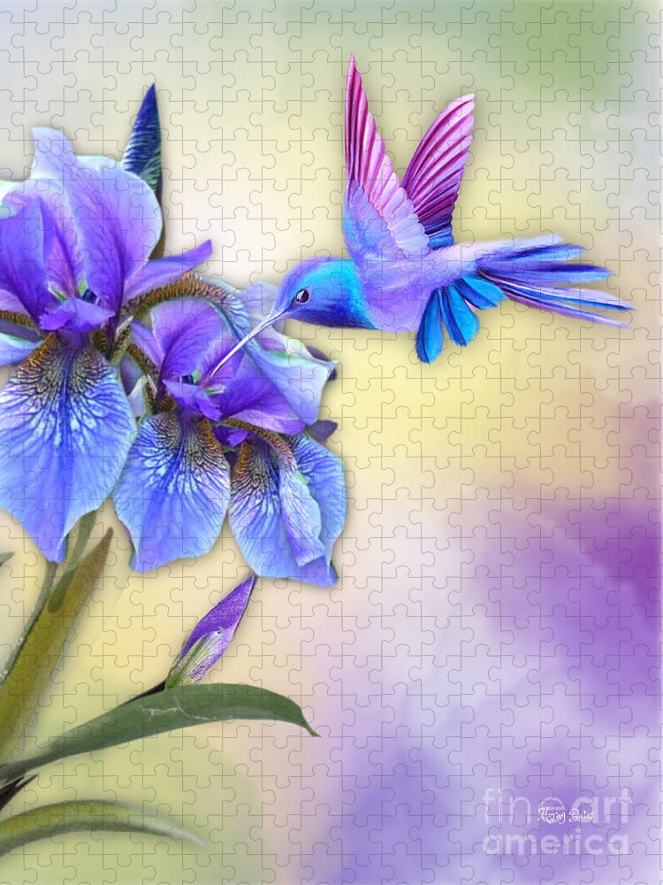 Hummingbird Jigsaw Puzzle featuring the mixed media Hummingbird on Iris #3 by Morag Bates