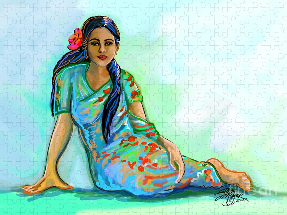 Indian Woman With Sari Jigsaw Puzzle featuring the digital art Indian Woman With Flower by Stacey Mayer
