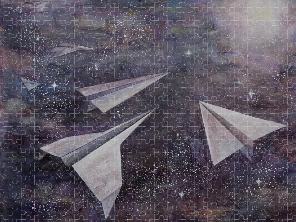 Paper Airplanes Jigsaw Puzzle featuring the mixed media Into the Cosmos #2 by Sandy Clift