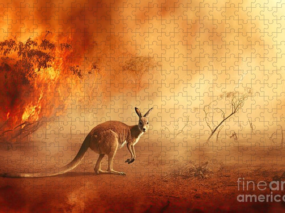 Australia Jigsaw Puzzle featuring the digital art Kangaroo escaping from Australian bushfires #1 by Benny Marty