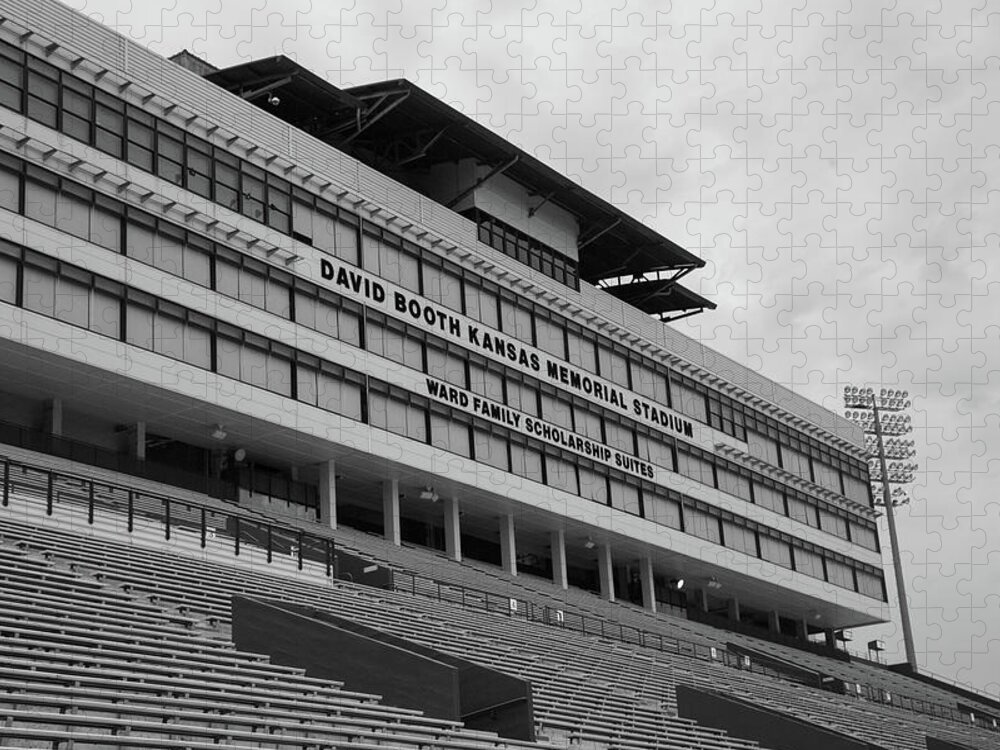 Kansas Jayhawks Stadium Jigsaw Puzzle featuring the photograph Kansas Jayhawks football stadium in black and white #1 by Eldon McGraw