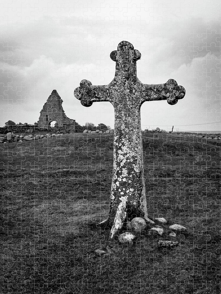 Black And White Jigsaw Puzzle featuring the photograph Kappelludden Medieval Cross #1 by Mary Lee Dereske
