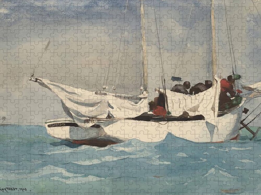 Winslow Homer Jigsaw Puzzle featuring the drawing Key West, Hauling Anchor #2 by Winslow Homer