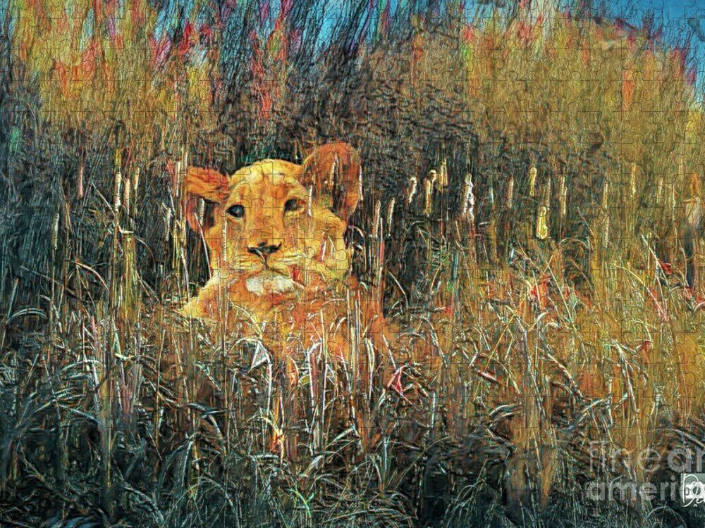 Lion Jigsaw Puzzle featuring the digital art Lion in the Grass #1 by Deb Nakano