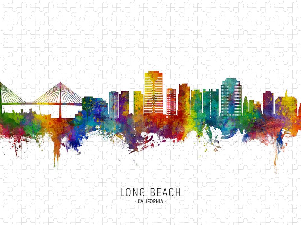 Long Beach Jigsaw Puzzle featuring the digital art Long Beach California Skyline #1 by Michael Tompsett