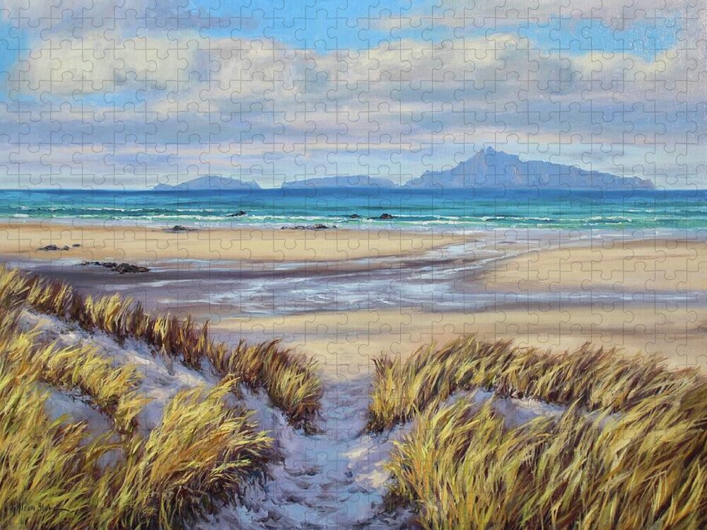 Mangawhai Jigsaw Puzzle featuring the painting Mangawhai Heads Beach, New Zealand #1 by Kristen Olson Stone