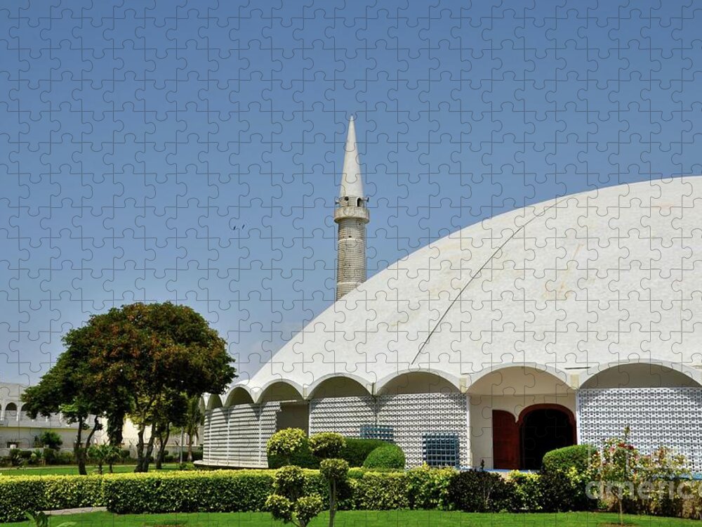 Mosque Jigsaw Puzzle featuring the photograph Masjid Tooba or Round Mosque with marble dome minaret and gardens Defence Karachi Pakistan #2 by Imran Ahmed