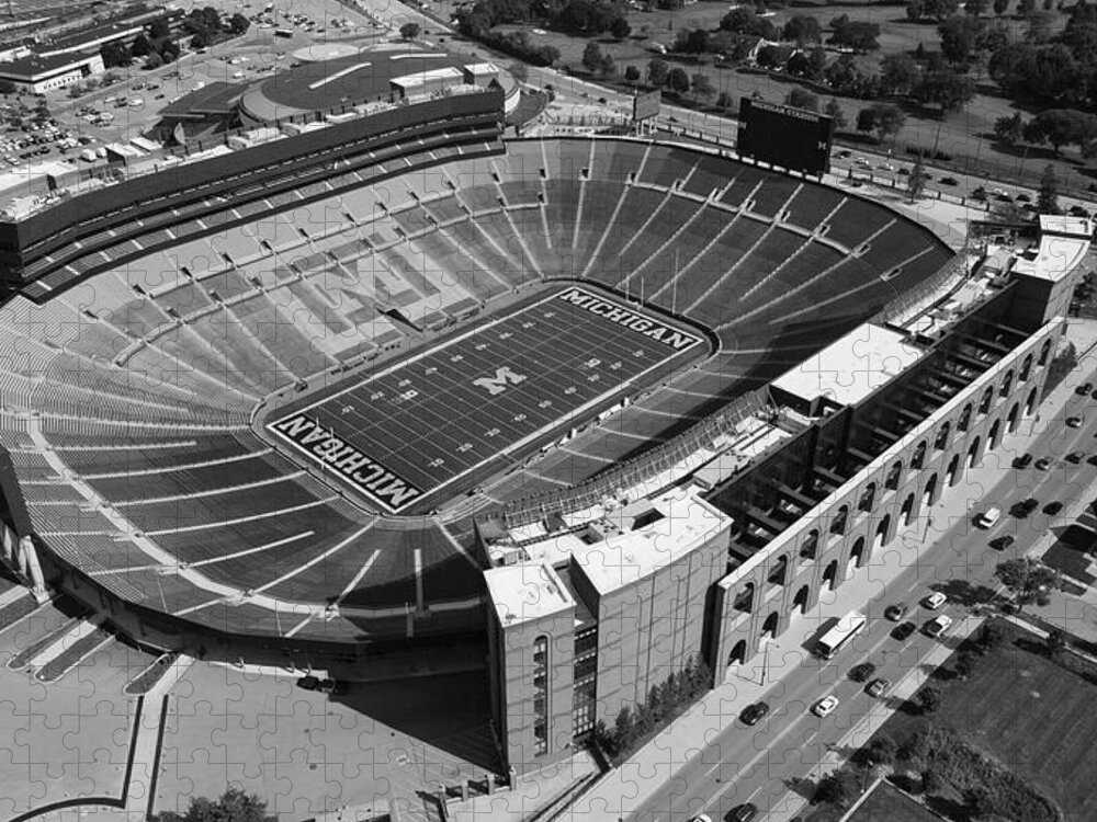 Michigan Football Jigsaw Puzzle featuring the photograph Michigan Stadium overhead in black and white #1 by Eldon McGraw