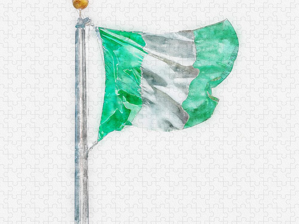 Watercolor Jigsaw Puzzle featuring the digital art National flag of Nigeria on a flagpole, isolated on white background by Maria Kray