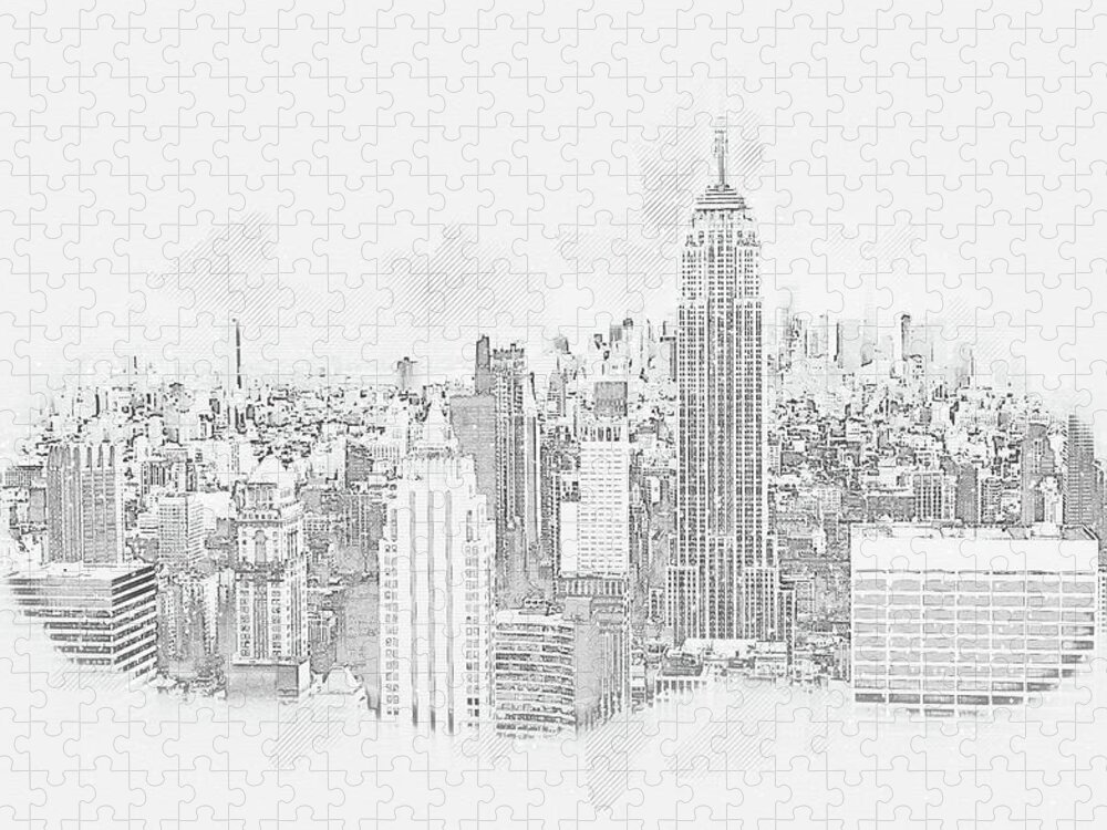 New York Jigsaw Puzzle featuring the digital art New York City skyline with skyscrapers, pencil drawing by Maria Kray