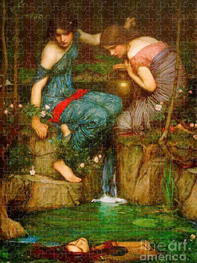 Nymphs Finding The Head Of Orpheus Jigsaw Puzzle featuring the painting Nymphs finding the head of Orpheus by John William Waterhouse