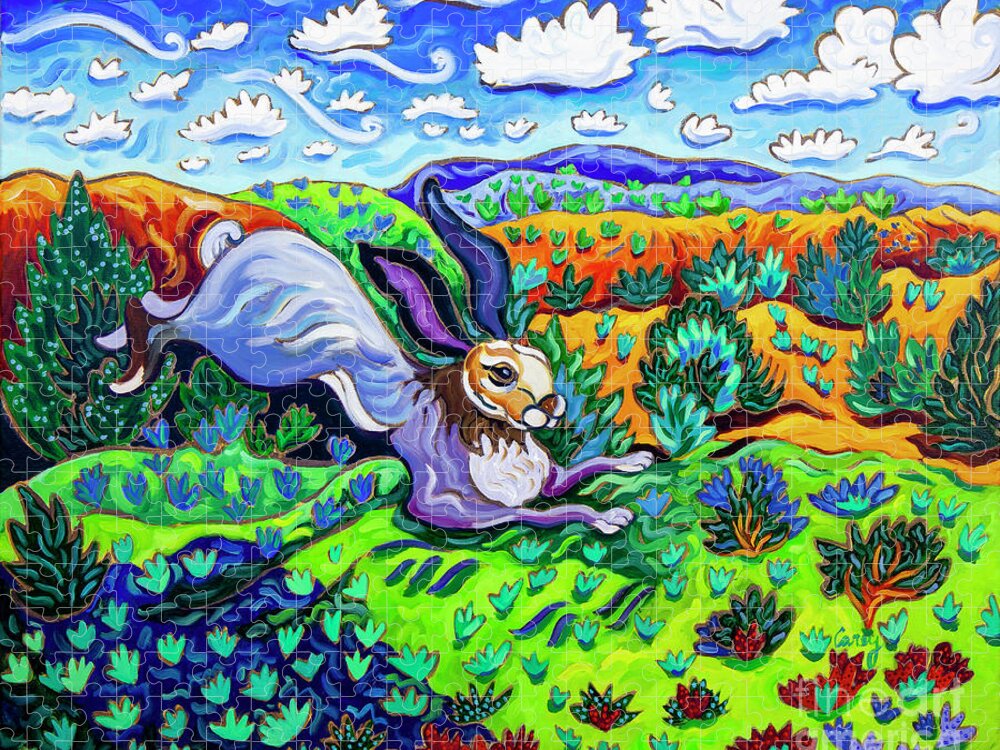 Santa Fe Paintings Jigsaw Puzzle featuring the painting Out Where the Lean Jack Hops Along #1 by Cathy Carey