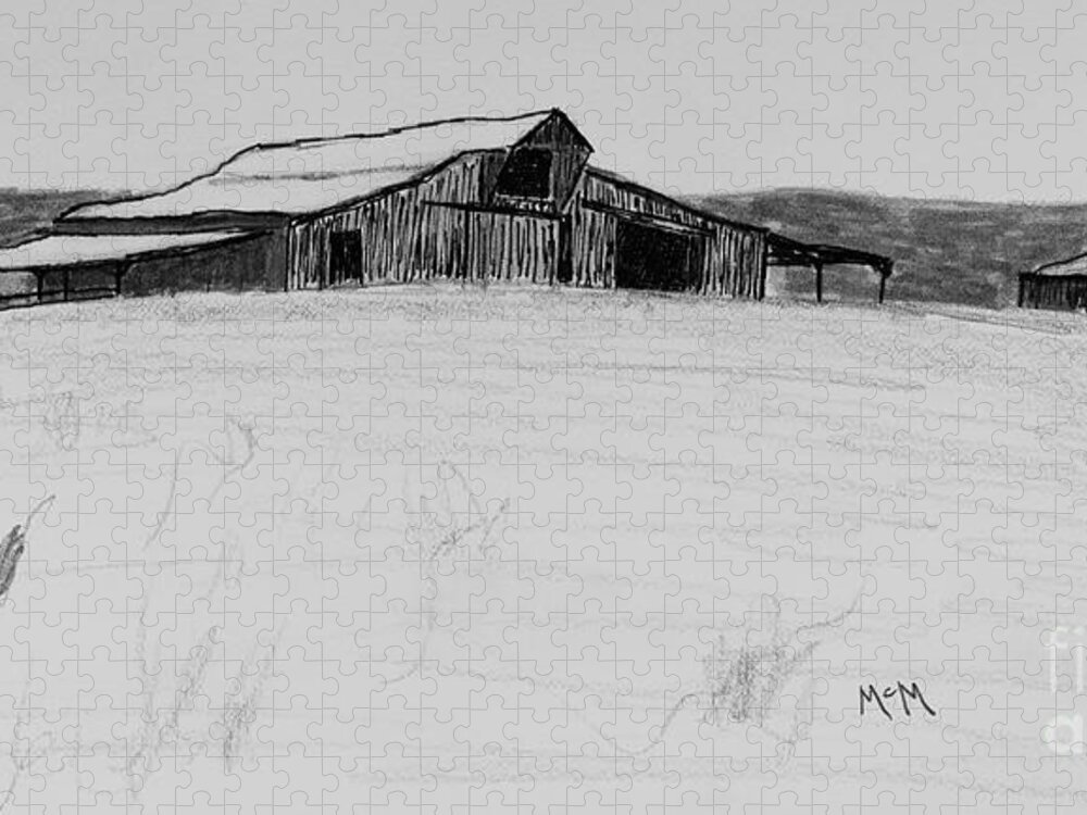 Old Barn Jigsaw Puzzle featuring the drawing Ozark Barn #1 by Garry McMichael