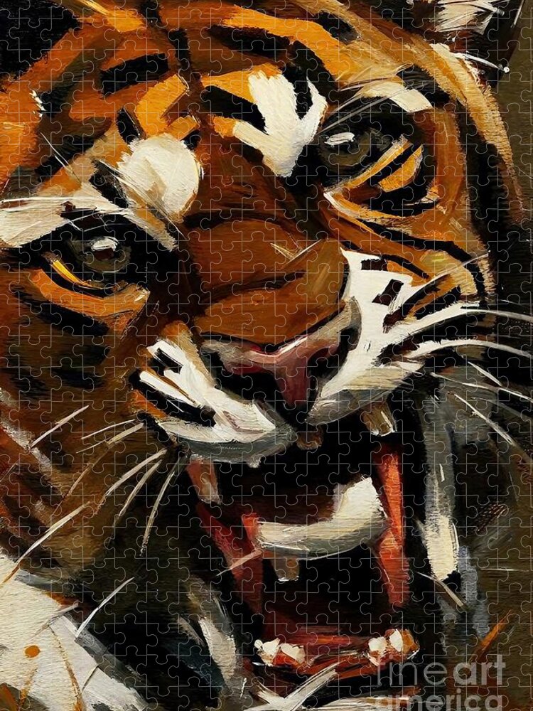 Tiger Jigsaw Puzzle featuring the painting Painting Tiger tiger animal predator portrait nat #1 by N Akkash