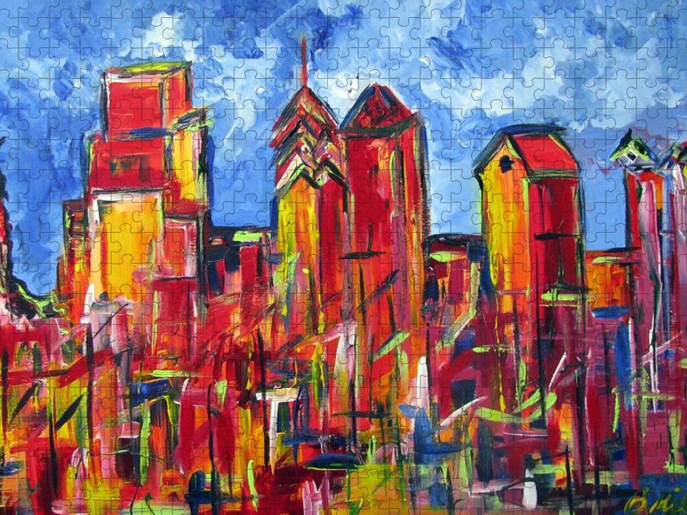 Philadelphia Jigsaw Puzzle featuring the painting Red Blue Philly Skyline by Britt Miller