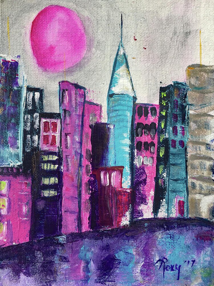 City Jigsaw Puzzle featuring the painting Pink Moon City by Roxy Rich