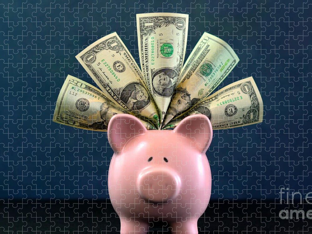 401k Jigsaw Puzzle featuring the photograph Pink Piggy bank money concept on dark blue background #1 by Milleflore Images