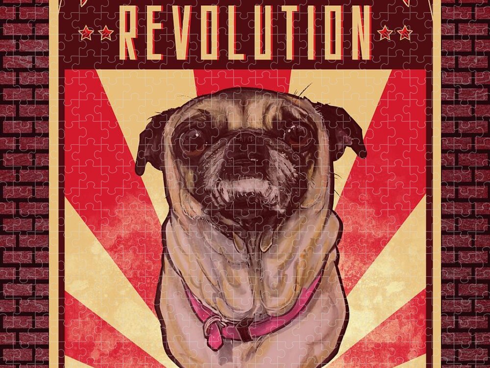 Pug Jigsaw Puzzle featuring the drawing Pug REVOLUTION by Canine Caricatures By John LaFree