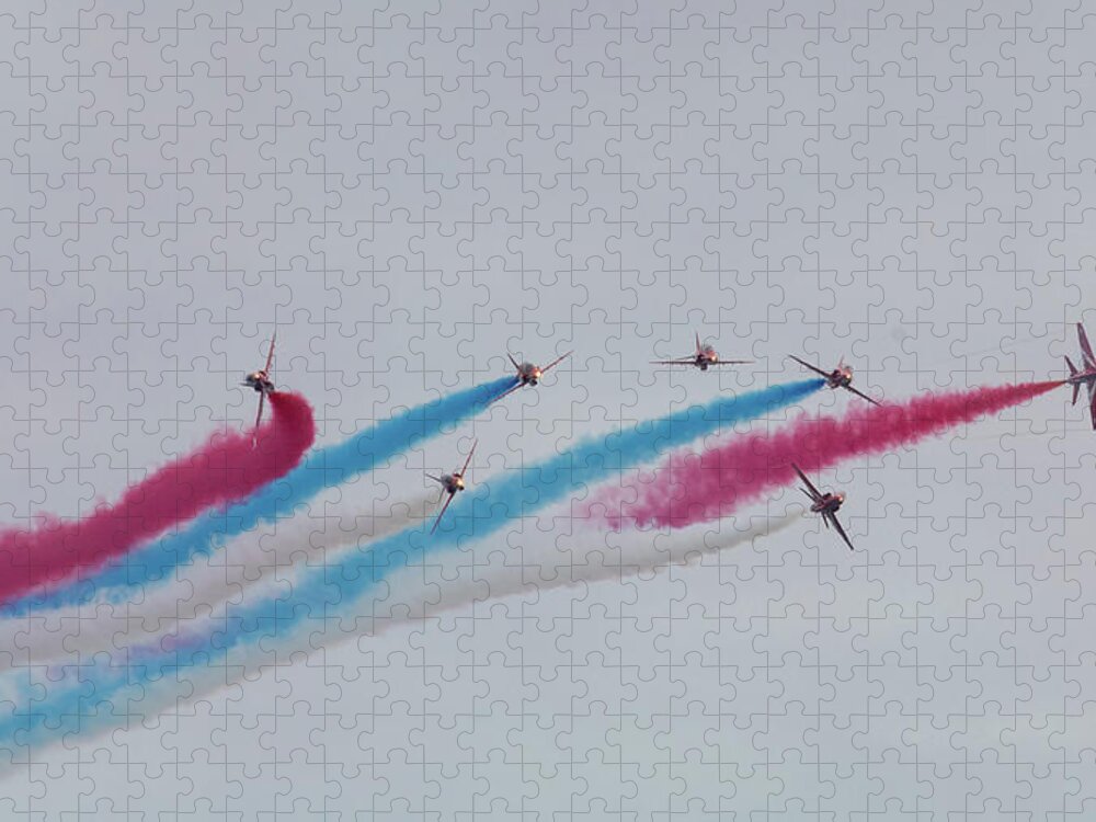 Eastbourne International Airshow Jigsaw Puzzle featuring the photograph Red Arrows over Eastbourne by Andrew Lalchan