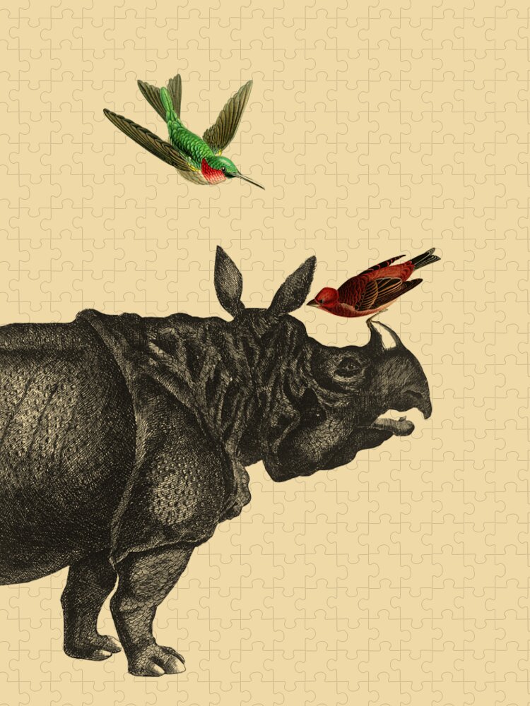 Rhino Jigsaw Puzzle featuring the digital art Rhino With Birds #1 by Madame Memento