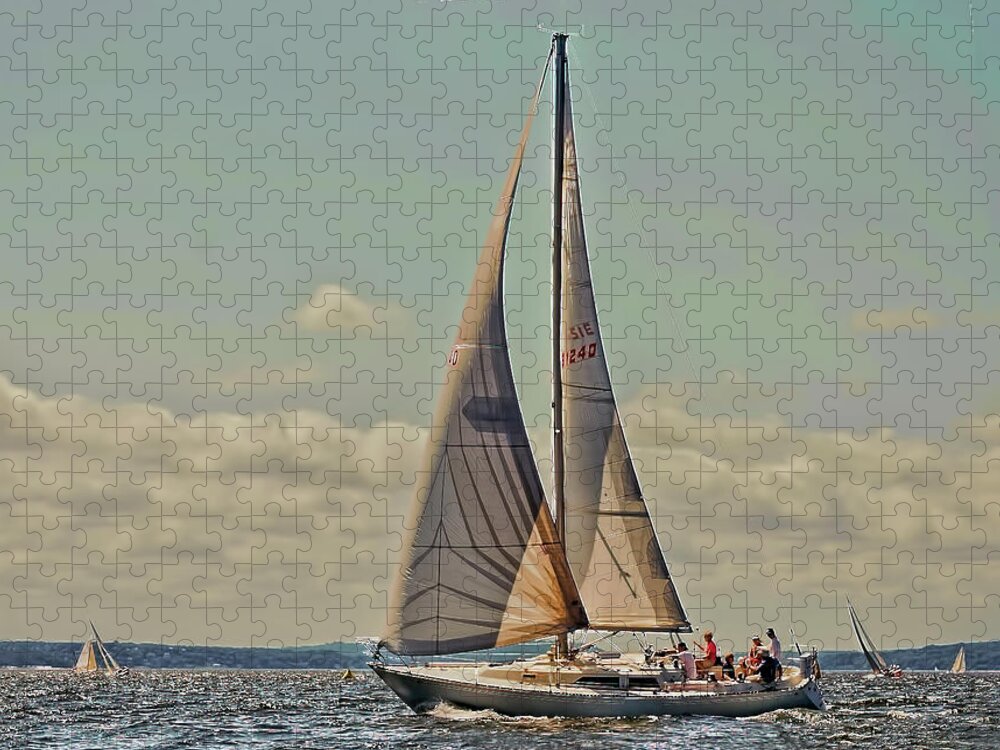 Sailboat Jigsaw Puzzle featuring the digital art Sailboat Race in Rye, New York by Cordia Murphy