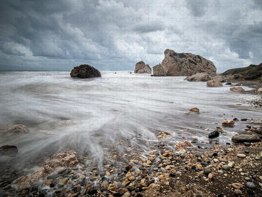 Sea Waves Jigsaw Puzzle featuring the photograph Seascape with windy waves during stormy weather on a rocky coast by Michalakis Ppalis