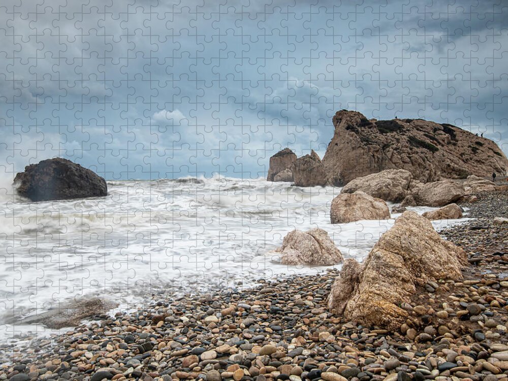 Paphos Jigsaw Puzzle featuring the photograph Seascapes with windy waves. Rock of Aphrodite Paphos Cyprus by Michalakis Ppalis