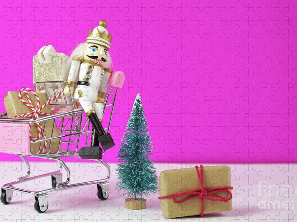 Christmas Jigsaw Puzzle featuring the photograph Shopping cart full of Christmas gifts, tree and nutcracker ornament. #1 by Milleflore Images