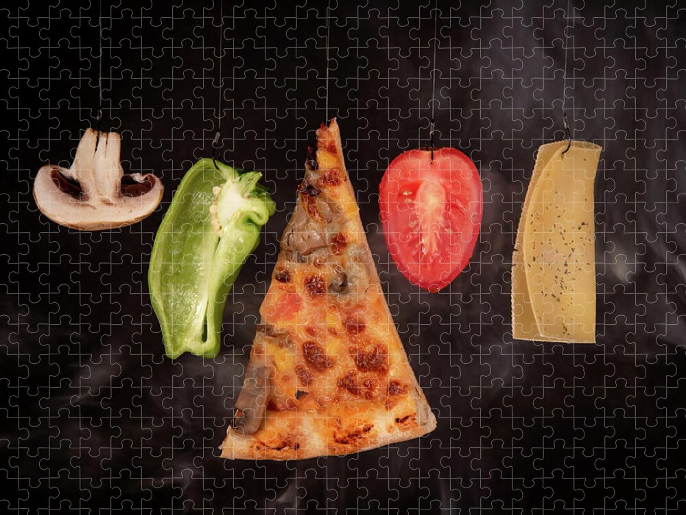 Pizza Jigsaw Puzzle featuring the photograph Slice of mozzarella pizza tomato cheese peeper and mushroom ingredients by Michalakis Ppalis