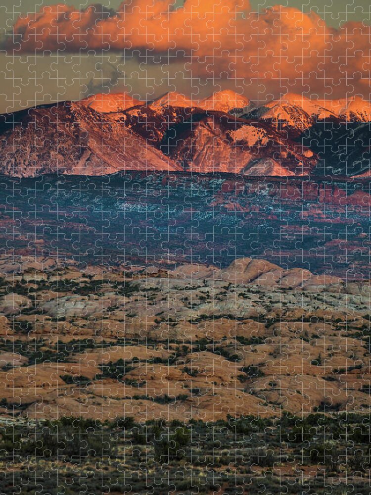 Snowcapped Jigsaw Puzzle featuring the photograph Snowcapped La Sal Mountains at sunset #1 by David L Moore
