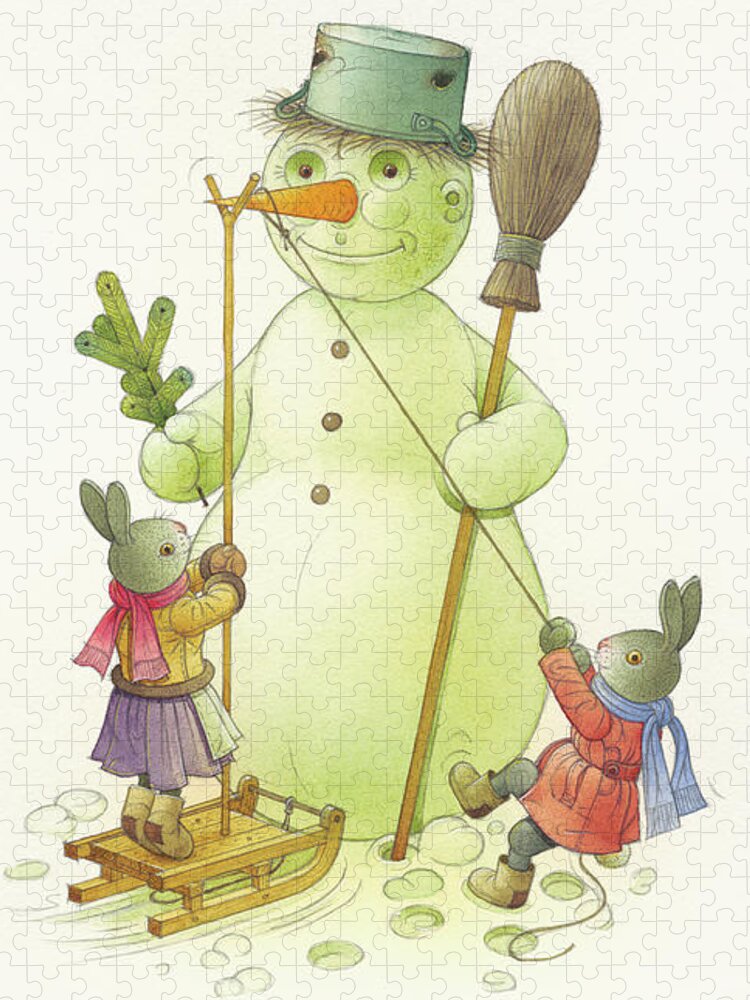 Christmas Christmascard Winter Snow Snowman Rabbits Holydays Jigsaw Puzzle featuring the drawing Snowman #2 by Kestutis Kasparavicius